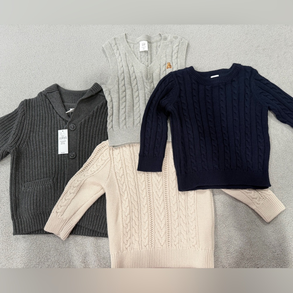 Bundle of NWT GAP Kids Cable Knit Sweaters - Navy, Charcoal, Light Gray, Cream